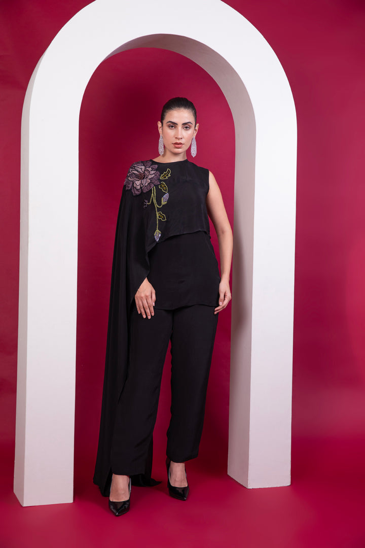 Black Asymmetric Cape Top - Cocktail Co-ord Set