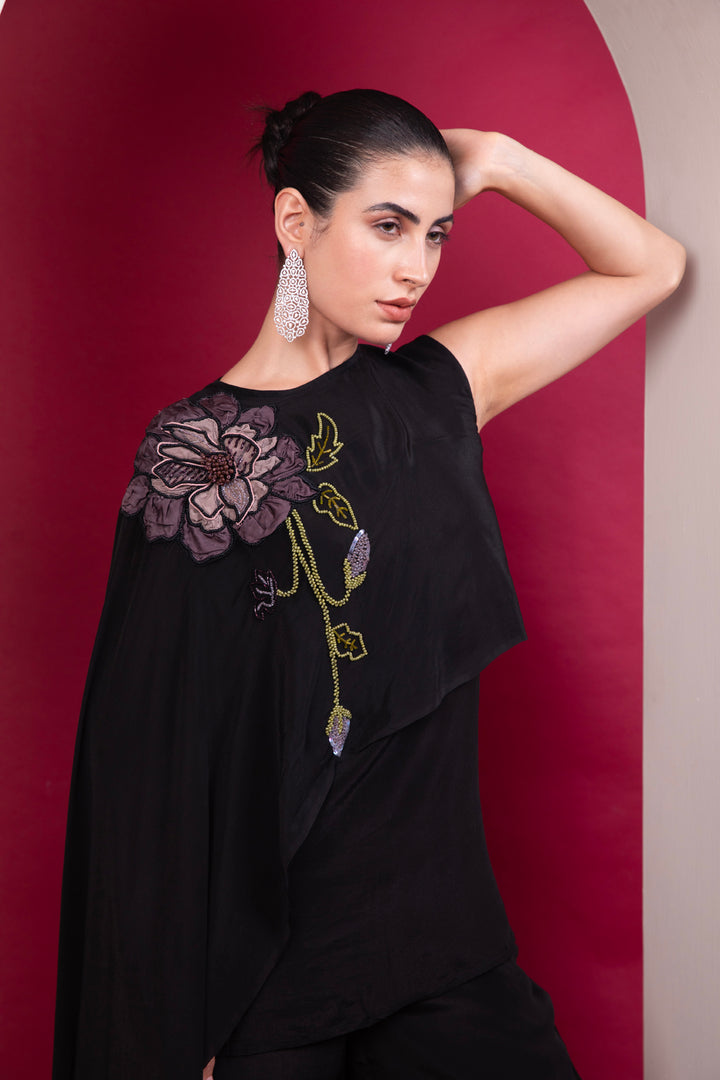 Black Asymmetric Cape Top - Cocktail Co-ord Set