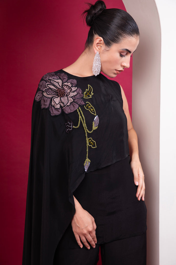 Black Asymmetric Cape Top - Cocktail Co-ord Set