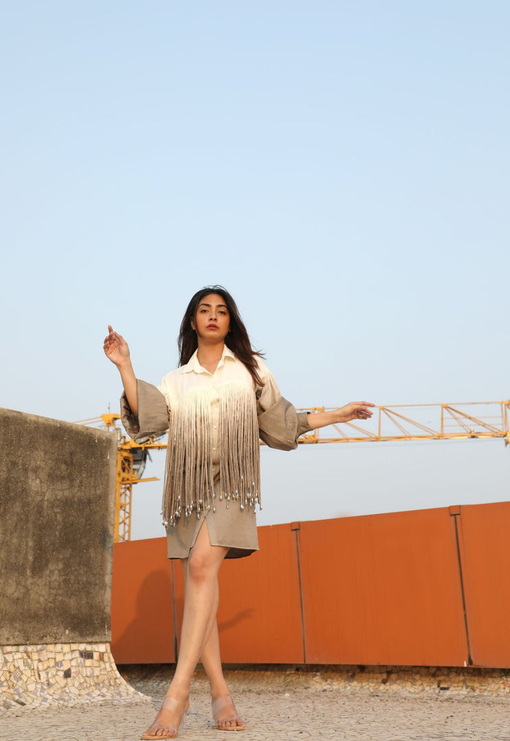 Khaki ombre shirt fringe dress