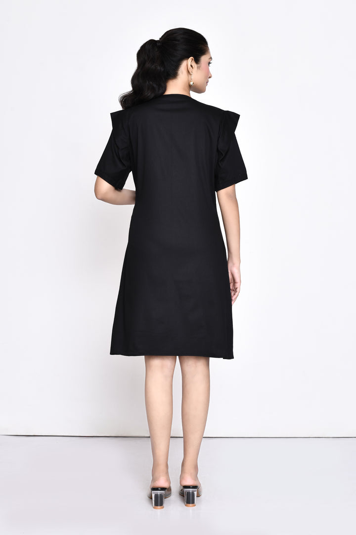 BLACK POPLIN OVERLAP DRESS
