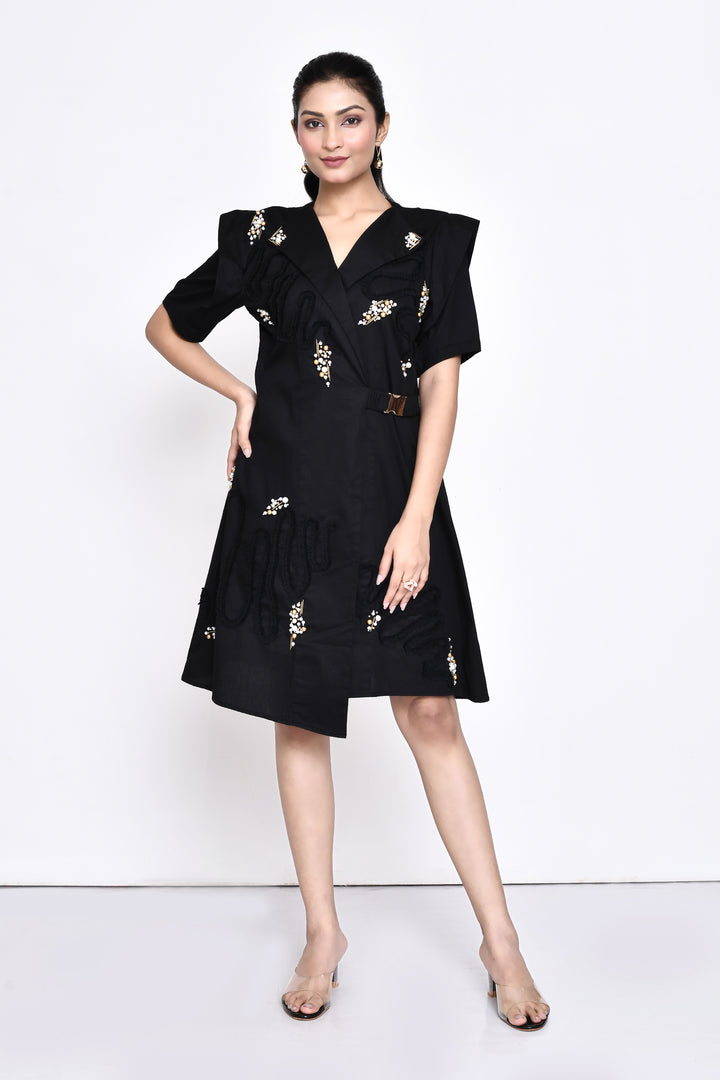 BLACK POPLIN OVERLAP DRESS