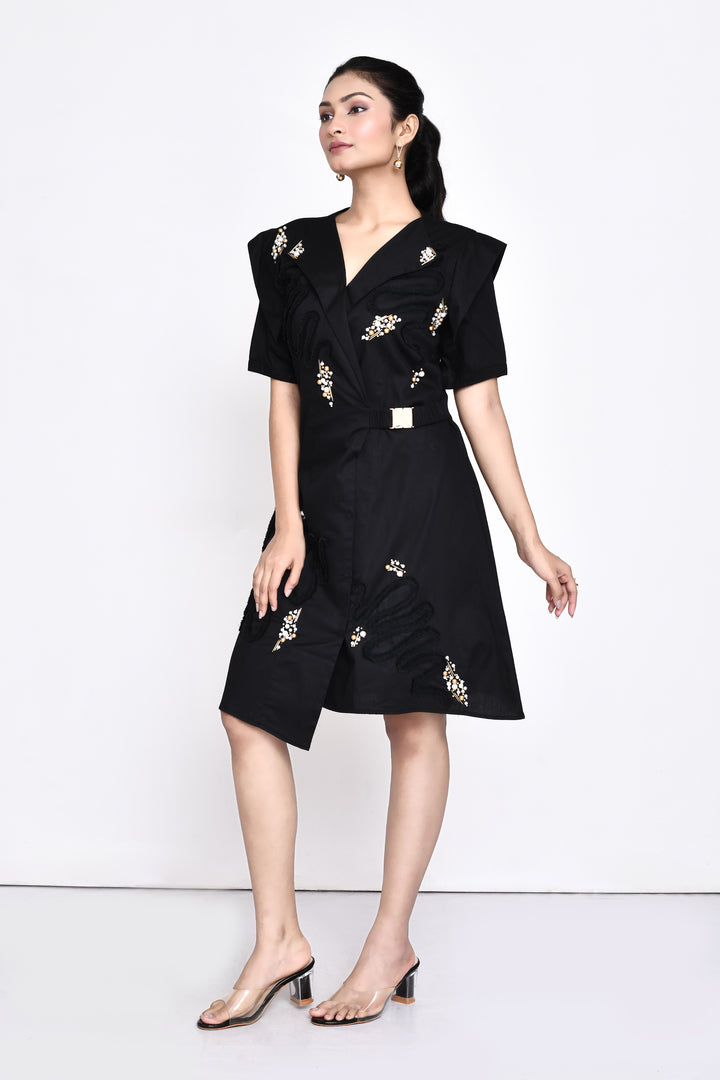 BLACK POPLIN OVERLAP DRESS