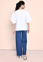 Load image into Gallery viewer, WHITE FINE POPLIN SHIRT WITH STYLISED SLEEVES AND DENIM PEARL EMBELLISHMENT
