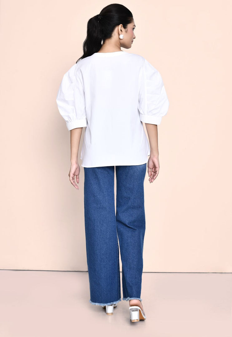 WHITE FINE POPLIN SHIRT WITH STYLISED SLEEVES AND DENIM PEARL EMBELLISHMENT