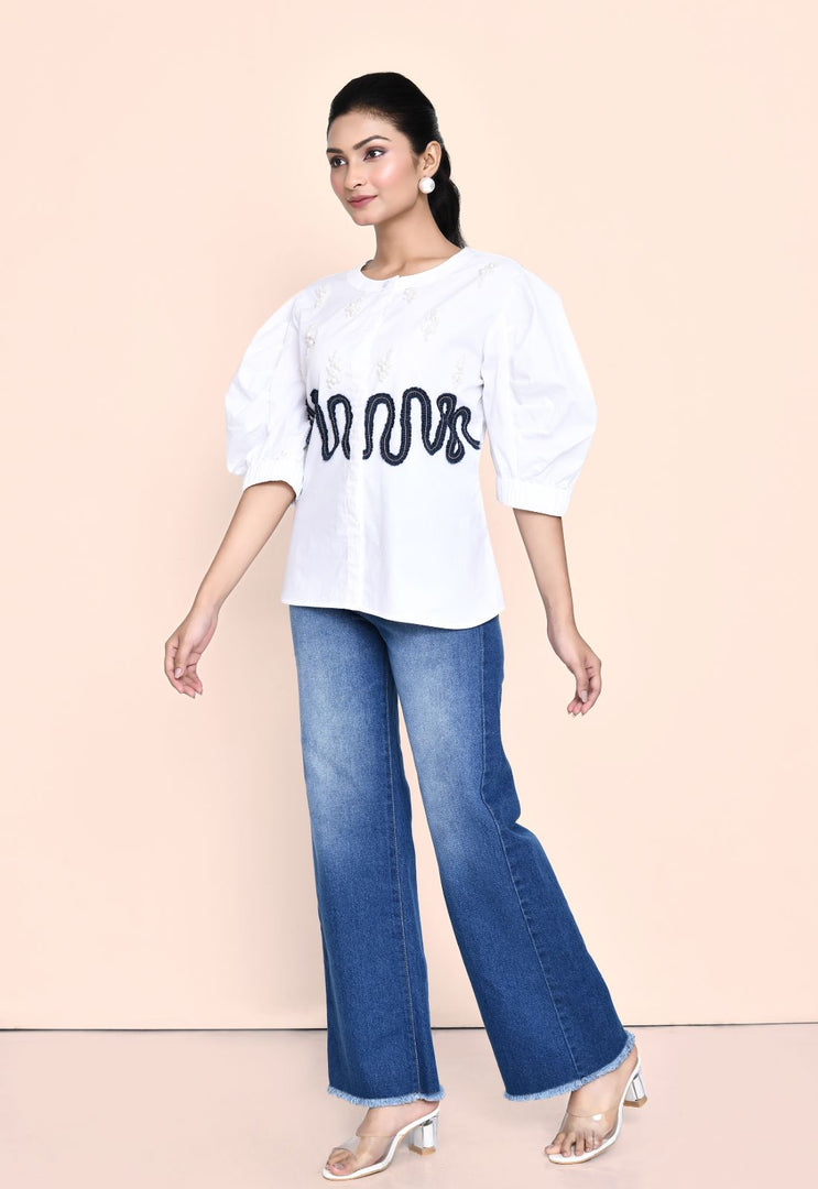 WHITE FINE POPLIN SHIRT WITH STYLISED SLEEVES AND DENIM PEARL EMBELLISHMENT
