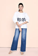 Load image into Gallery viewer, WHITE FINE POPLIN SHIRT WITH STYLISED SLEEVES AND DENIM PEARL EMBELLISHMENT
