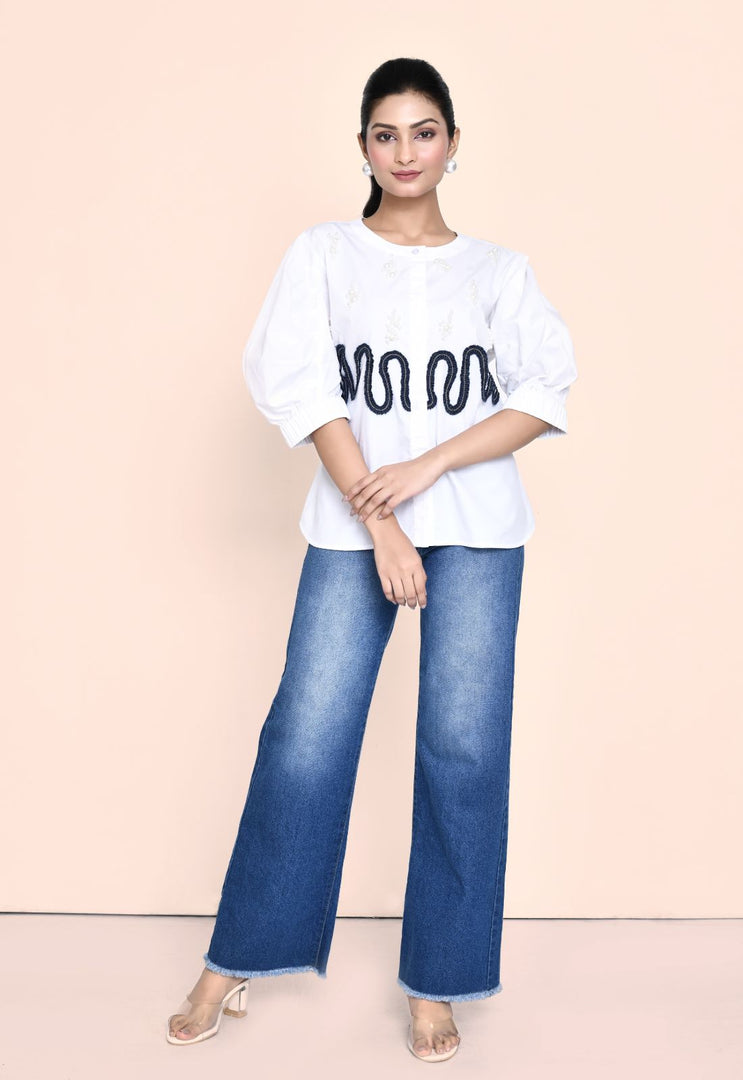 WHITE FINE POPLIN SHIRT WITH STYLISED SLEEVES AND DENIM PEARL EMBELLISHMENT