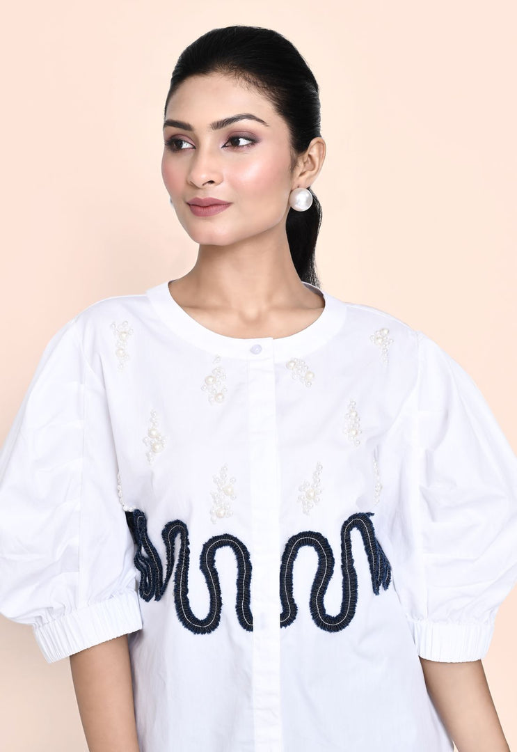 WHITE FINE POPLIN SHIRT WITH STYLISED SLEEVES AND DENIM PEARL EMBELLISHMENT