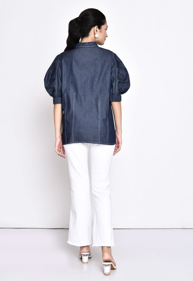 DENIM SHIRT WITH STYLISED SLEEVES , PEARL EMBELLISHMENT AND CONTRAST STITCH DETAILINGS