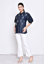 Load image into Gallery viewer, DENIM SHIRT WITH STYLISED SLEEVES , PEARL EMBELLISHMENT AND CONTRAST STITCH DETAILINGS
