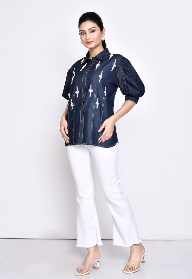 DENIM SHIRT WITH STYLISED SLEEVES , PEARL EMBELLISHMENT AND CONTRAST STITCH DETAILINGS
