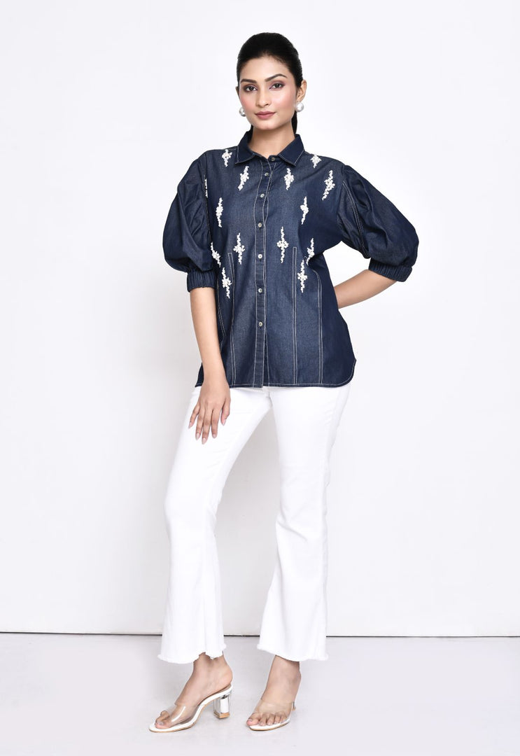 DENIM SHIRT WITH STYLISED SLEEVES , PEARL EMBELLISHMENT AND CONTRAST STITCH DETAILINGS