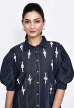Load image into Gallery viewer, DENIM SHIRT WITH STYLISED SLEEVES , PEARL EMBELLISHMENT AND CONTRAST STITCH DETAILINGS
