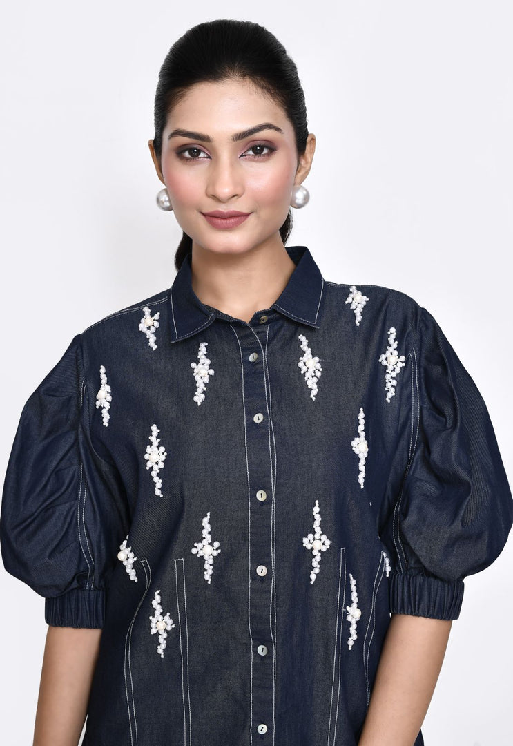 DENIM SHIRT WITH STYLISED SLEEVES , PEARL EMBELLISHMENT AND CONTRAST STITCH DETAILINGS