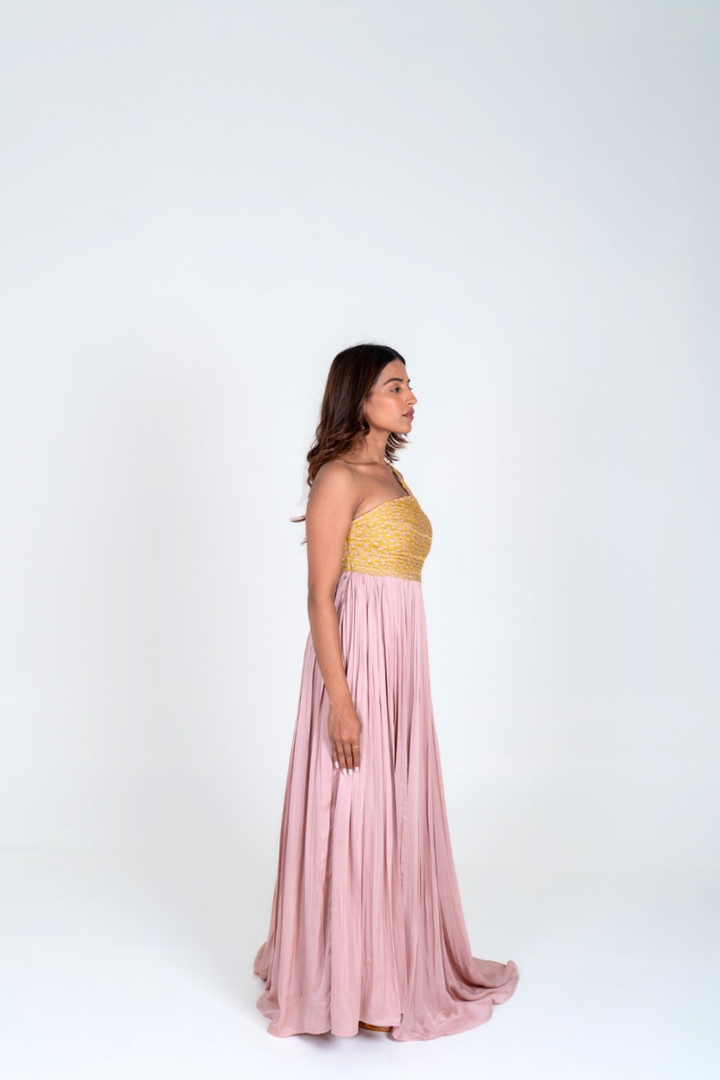 Pink-Yellow Braided Bustier Gather Gown