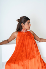 Load image into Gallery viewer, Orange-Pink Braided Halter Neck Gather Gown
