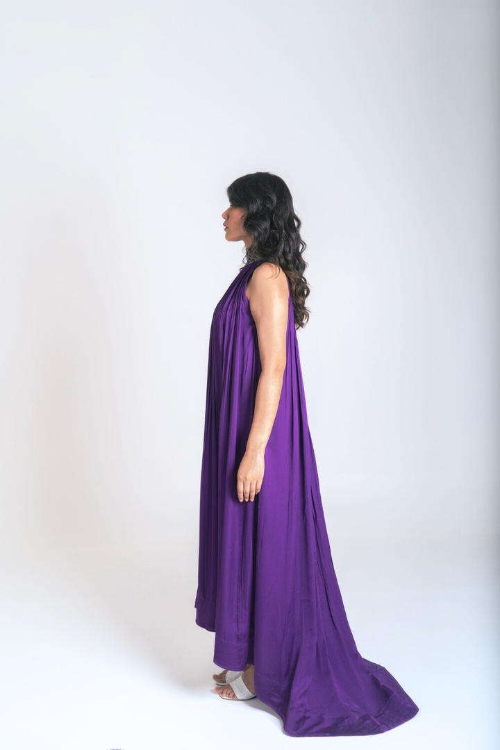 Purple-Green Braided Halter Neck Gather Gown
