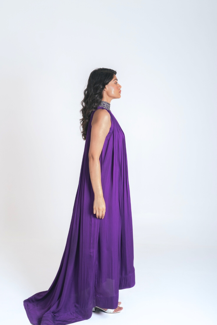 Purple-Green Braided Halter Neck Gather Gown