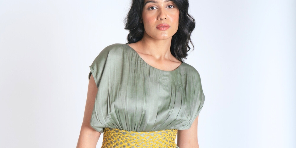 Green-Yellow Braided Cocktail Gown