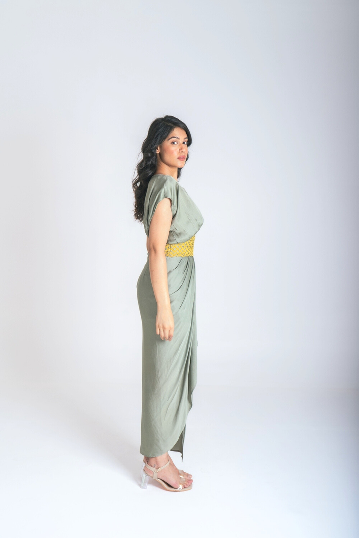 Green-Yellow Braided Cocktail Gown