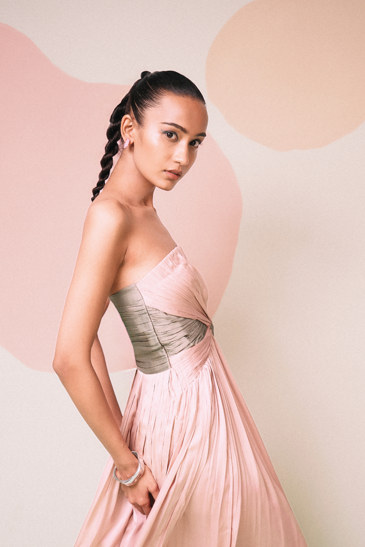 Pink-Green Drape Gown
