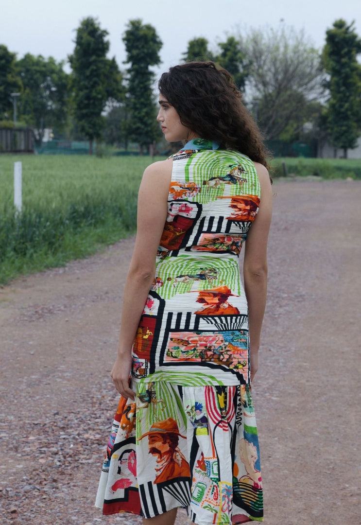 CRUNK VARICOLORED PAINTING PRINTED RUCHED MIDI DRESS