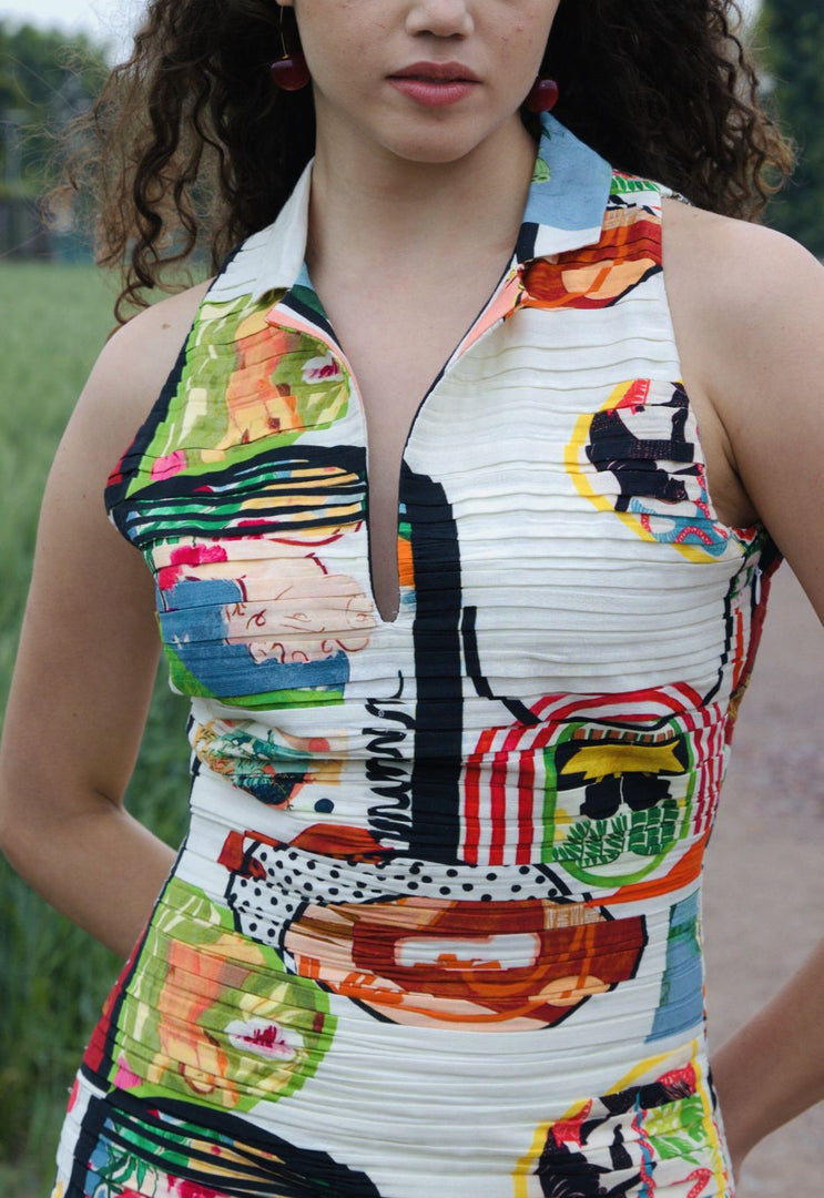 CRUNK VARICOLORED PAINTING PRINTED RUCHED MIDI DRESS