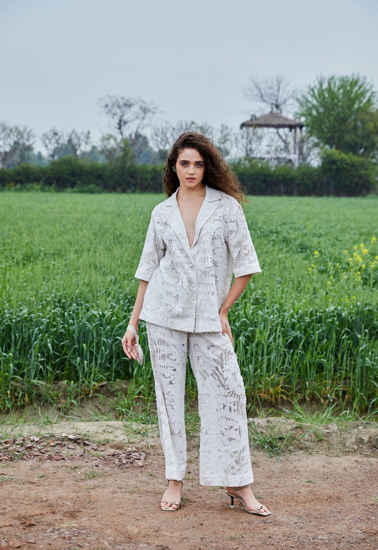 CRUNK IVORY SELF JACQUARD RESORT CO-ORD (SHIRT AND PANTS)