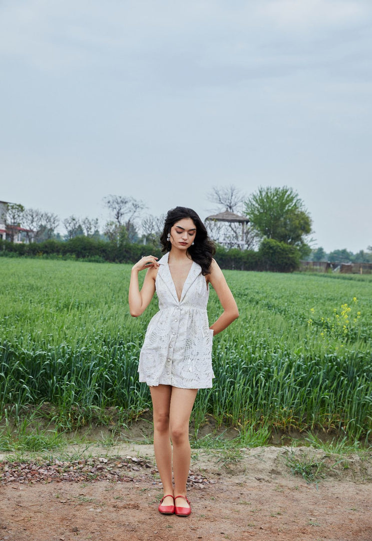 CRUNK IVORY SELF JACQUARD MINI DRESS