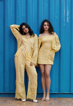 Load image into Gallery viewer, CRUNK YELLOW OFF SHOULDER LACE MIX MINI DRESS
