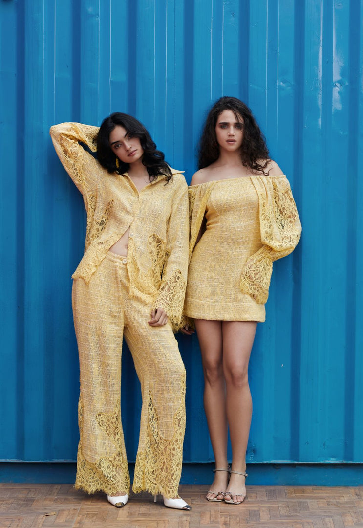 CRUNK YELLOW OFF SHOULDER LACE MIX MINI DRESS