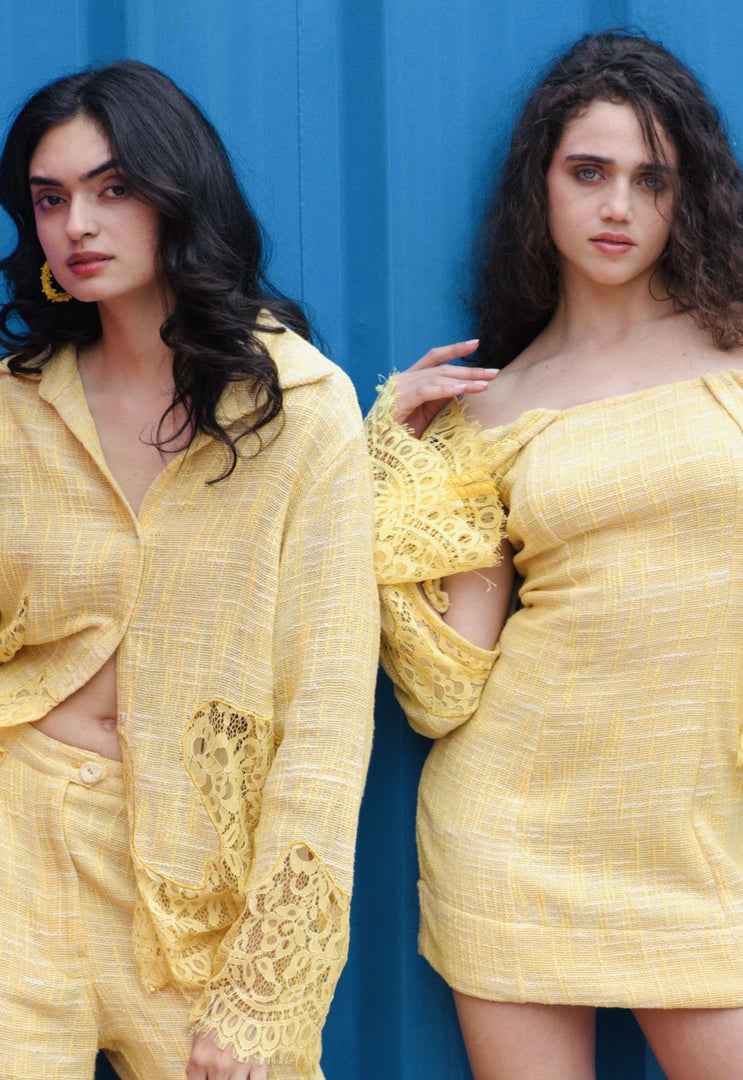 CRUNK YELLOW OFF SHOULDER LACE MIX MINI DRESS