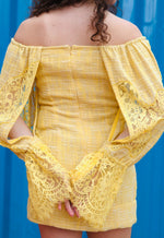 Load image into Gallery viewer, CRUNK YELLOW OFF SHOULDER LACE MIX MINI DRESS
