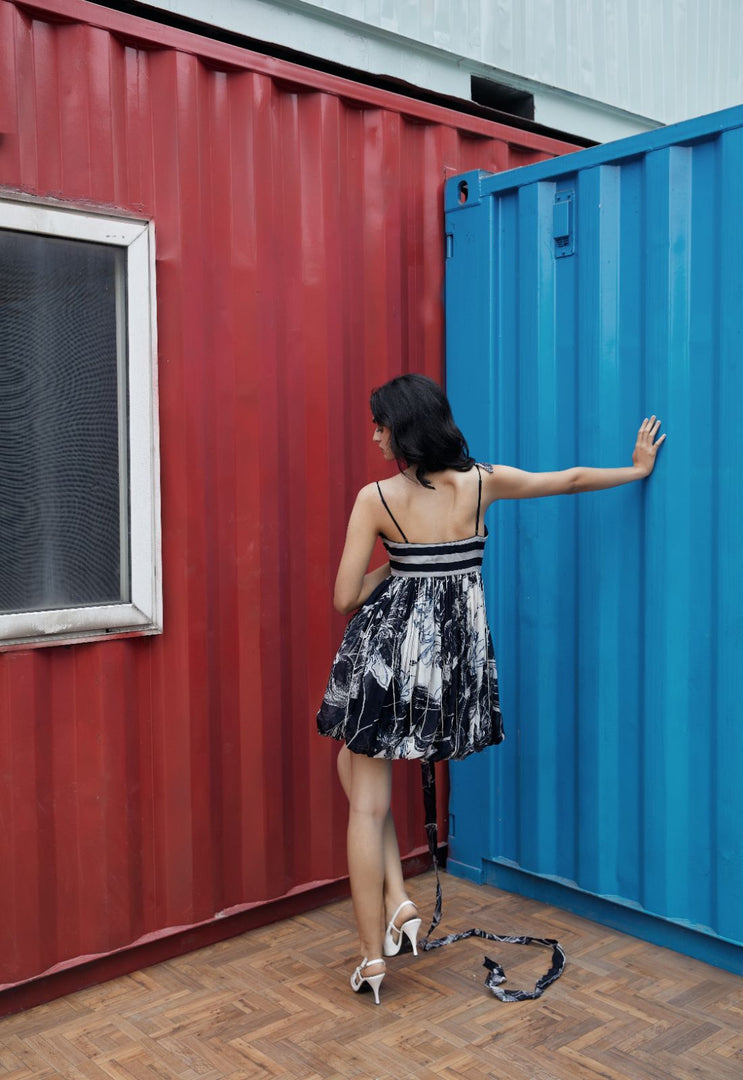 CRUNK BLUE-WHITE ABSTRACT PRINTED DRESS