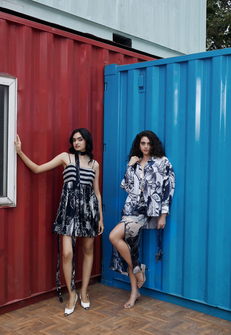 CRUNK BLUE-WHITE ABSTRACT PRINTED DRESS