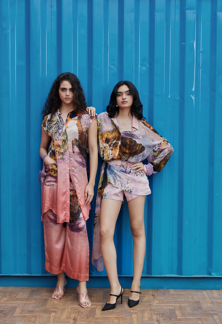 CRUNK CORAL SCENIC PRINTED CO-ORD (LONGLINE SHIRT WITH PANTS)