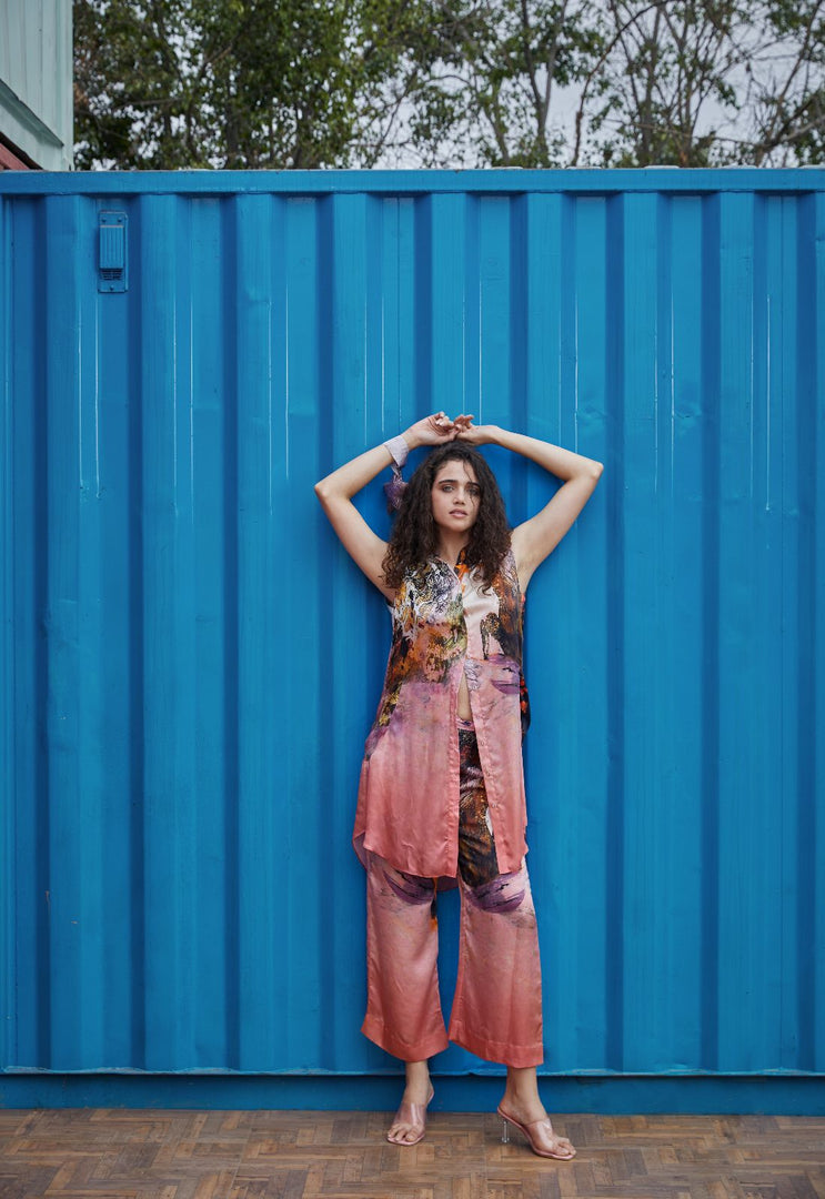 CRUNK CORAL SCENIC PRINTED CO-ORD (LONGLINE SHIRT WITH PANTS)