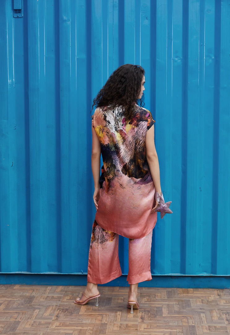 CRUNK CORAL SCENIC PRINTED CO-ORD (LONGLINE SHIRT WITH PANTS)