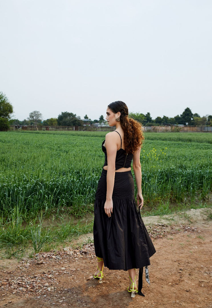 CRUNK BLACK EMBROIDERED FLORAL CO-ORD (CROP TOP AND SKIRT)