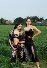 Load image into Gallery viewer, CRUNK BLACK EMBROIDERED FLORAL CO-ORD (CROP TOP AND SKIRT)
