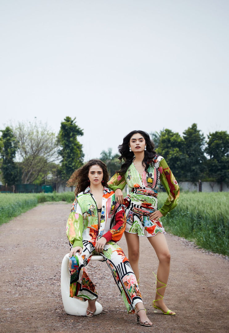 CRUNK VARICOLORED PAINTING PRINTED EMBELLISHED CO-ORD (SHIRT AND PANTS)