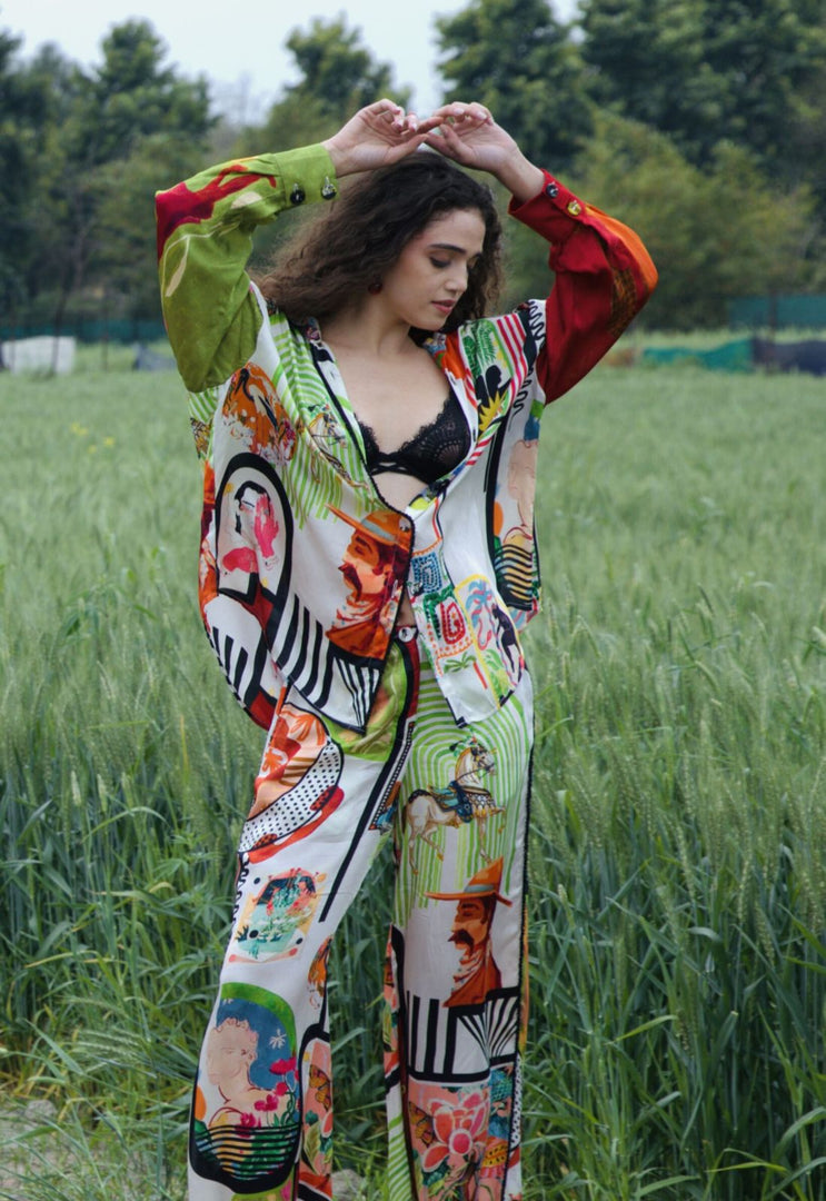 CRUNK VARICOLORED PAINTING PRINTED EMBELLISHED CO-ORD (SHIRT AND PANTS)